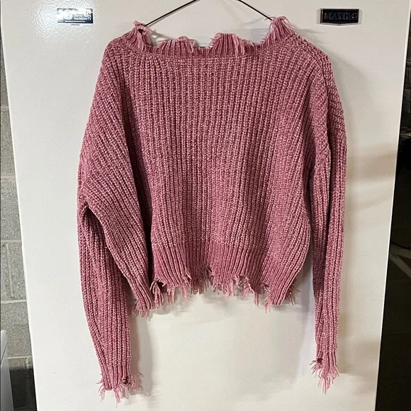 Belle Du Jour Pink V-Neck Distressed Sweater - Picture 2 of 2